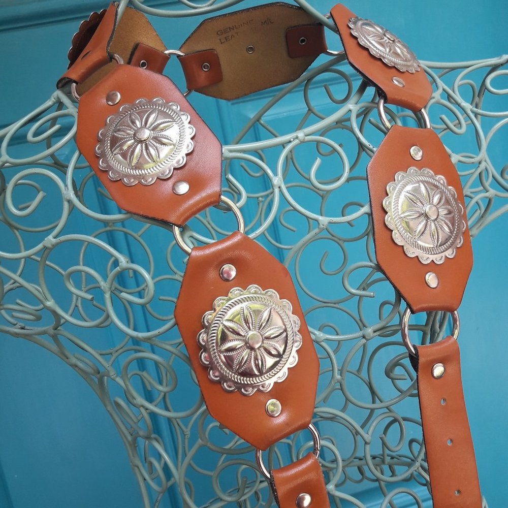 Vintage Conch Belt Genuine Leather Metal Studded Belt Western Country Cowgirl